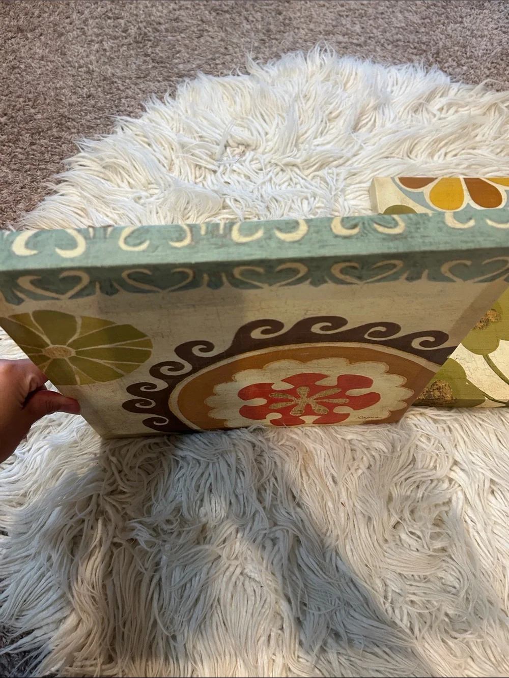 Set of 2 Floral Abstract Canvas Prints in Cream, Green & Orange